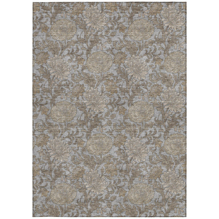 3' X 5' Gray Silver And Taupe Floral Washable Indoor Outdoor Area Rug