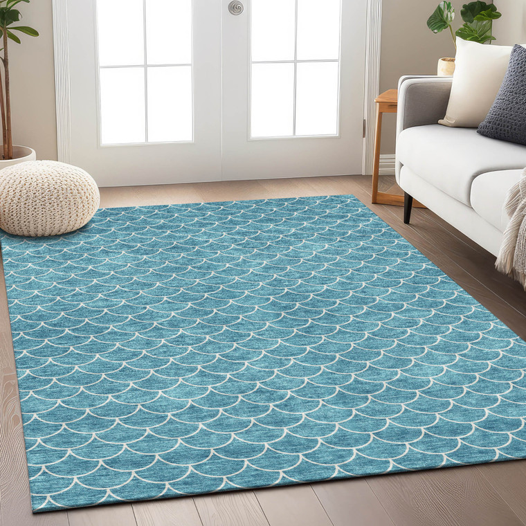 3' X 5' Teal Blue And Ivory Geometric Washable Indoor Outdoor Area Rug Transitional Style - Teal Blue, Ivory Color