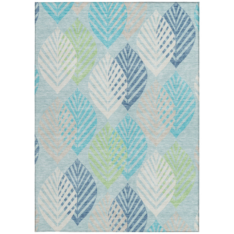 5' X 8' Teal Blue Aqua And Navy Blue Floral Washable Indoor Outdoor Area Rug