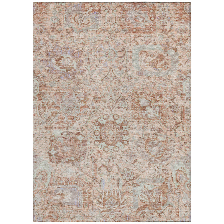 5' X 8' Coral And Gray Damask Washable Indoor Outdoor Area Rug