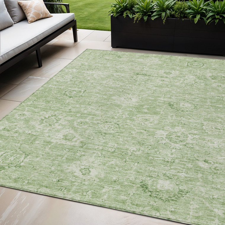 5' X 8' Artichoke Green And Ivory Damask Washable Indoor Outdoor Area Rug - Artichoke Green, Ivory