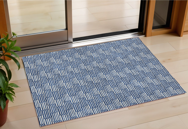 3' X 5' Navy Blue And Ivory Geometric Washable Indoor Outdoor Area Rug Transitional Style - Navy Blue, Ivory Color