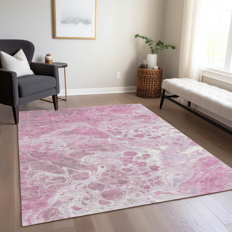3' X 5' Pink And Ivory Abstract Washable Indoor Outdoor Area Rug - Pink, Ivory