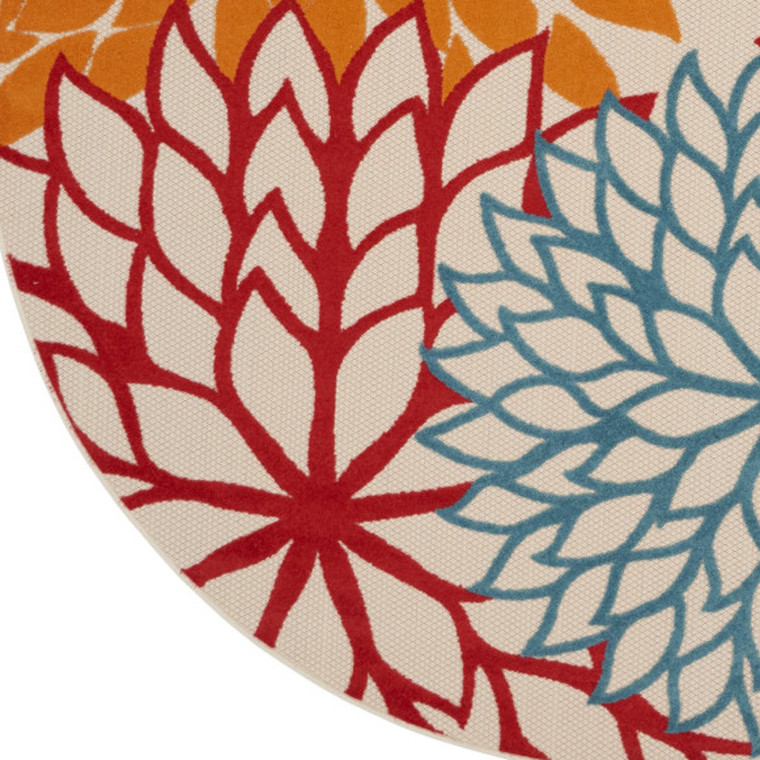 8' Ivory Green Blue Red And Orange Round Floral Indoor Outdoor Area Rug