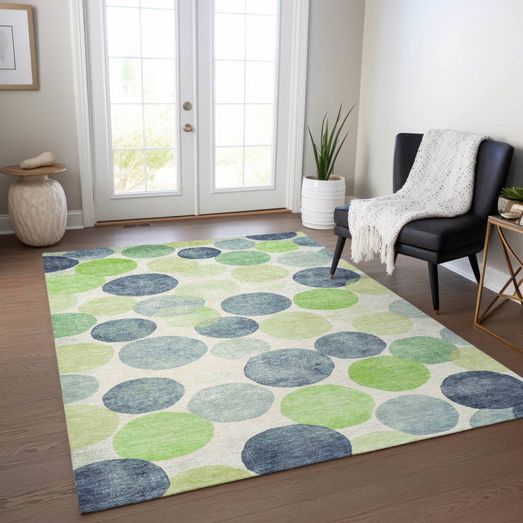 5' X 8' Navy Blue Lime Green And Ivory Geometric Washable Indoor Outdoor Area Rug