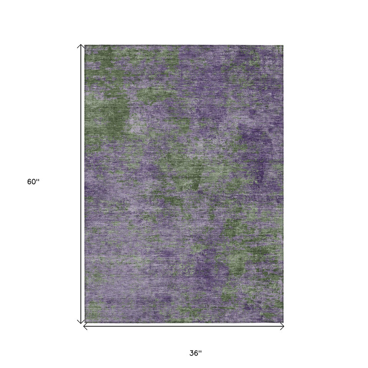 3' X 5' Purple And Green Abstract Washable Indoor Outdoor Area Rug - Purple, Green