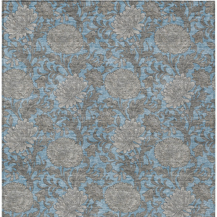 5' X 8' Blue Gray And Silver Floral Washable Indoor Outdoor Area Rug