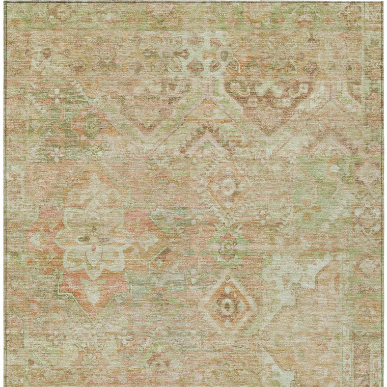 5' X 8' Salmon Fern Green And Beige Floral Medallion Washable Indoor Outdoor Area Rug