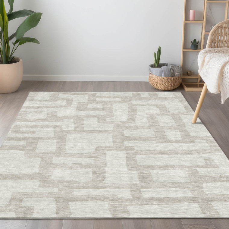 5' X 8' Ivory And Beige Abstract Washable Indoor Outdoor Area Rug Transitional Style - Ivory, Beige Color