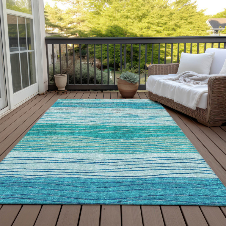 5' X 8' Sky Blue Teal Blue And Aqua Striped Washable Indoor Outdoor Area Rug