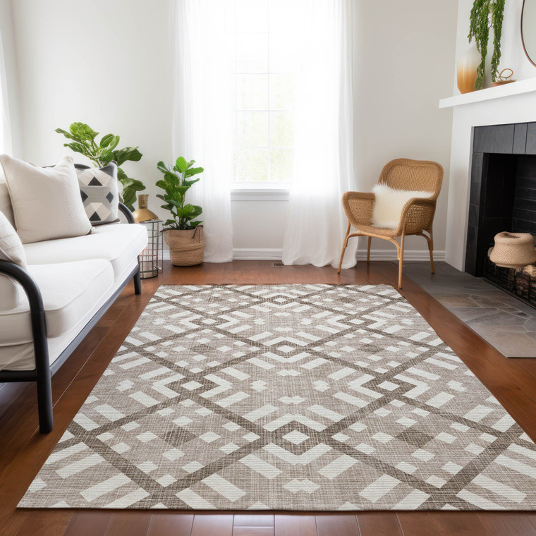 3' X 5' Taupe Brown And Ivory Geometric Washable Indoor Outdoor Area Rug