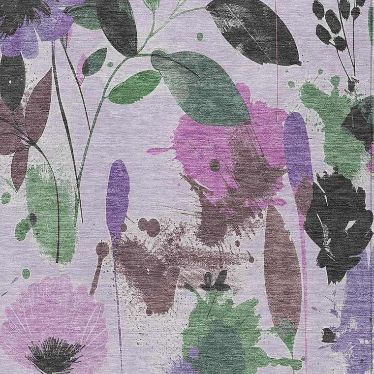 5' X 8' Lavender And Artichoke Green Floral Washable Indoor Outdoor Area Rug