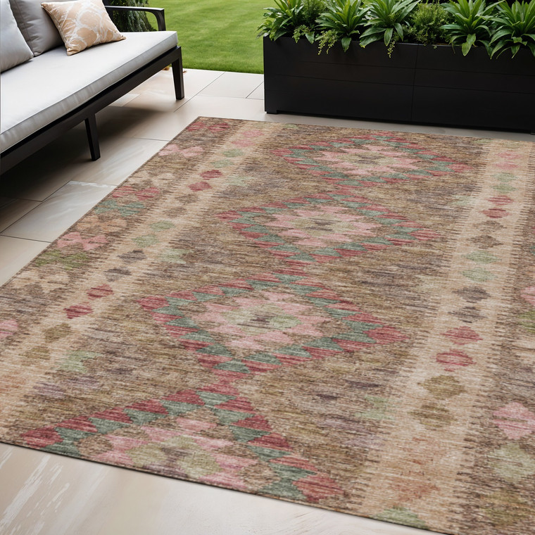 5' X 8' Brown Geometric Washable Indoor Outdoor Area Rug - Brown