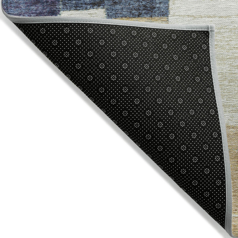 3' X 5' Navy Blue Beige And Ivory Geometric Washable Indoor Outdoor Area Rug