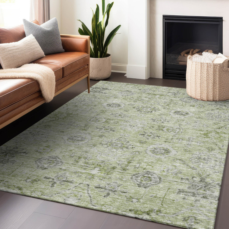 3' X 5' Artichoke Green Beige And Gray Damask Washable Indoor Outdoor Area Rug