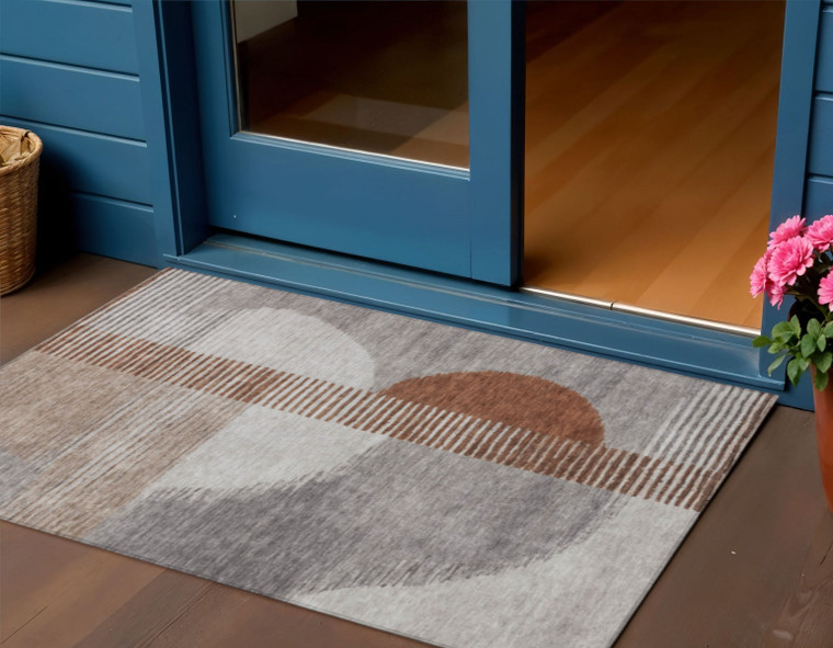 3' X 5' Taupe And Rust Geometric Washable Indoor Outdoor Area Rug
