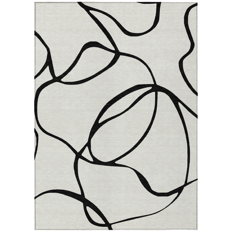 3' X 5' White And Black Abstract Washable Indoor Outdoor Area Rug