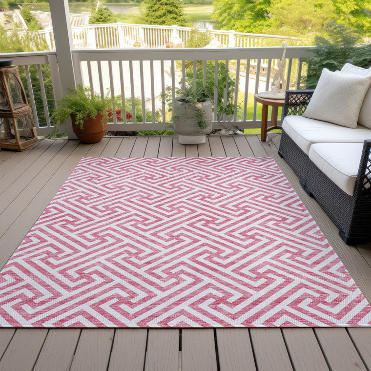 5' X 8' Pink And Ivory Geometric Washable Indoor Outdoor Area Rug Transitional Style - Pink, Ivory Color