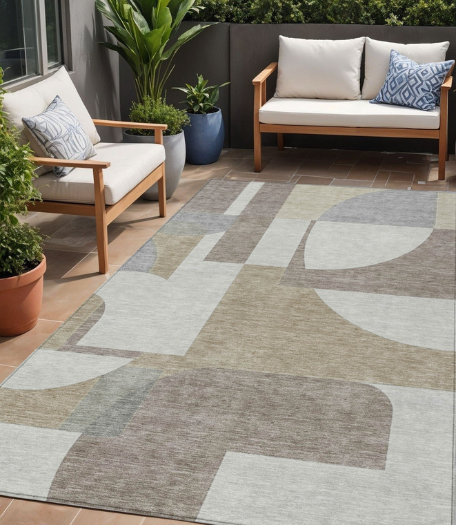 5' X 8' Khaki And Silver Geometric Washable Indoor Outdoor Area Rug
