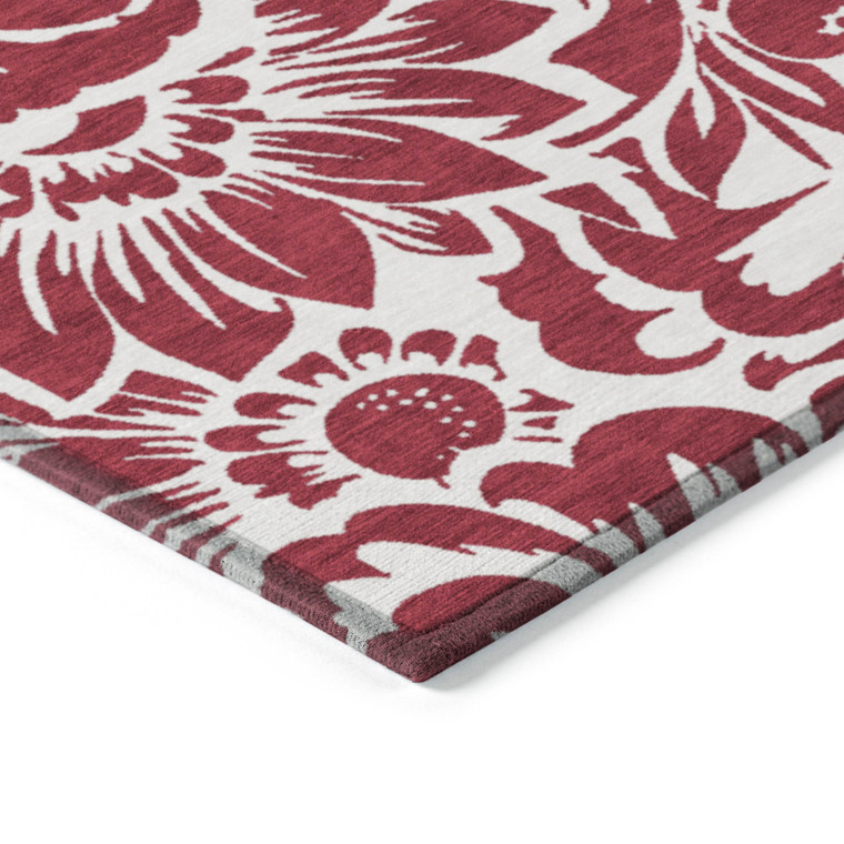 8' Runner Burgundy and White Floral Washable Non Skid Indoor Outdoor Runner Rug