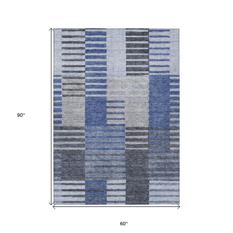 5' X 8' Denim Blue And Navy Blue Striped Washable Indoor Outdoor Area Rug