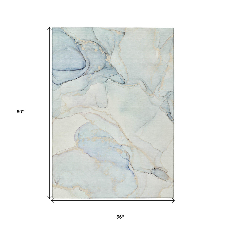 3' X 5' Beige and Blue Abstract Washable Non Skid Indoor Outdoor Area Rug