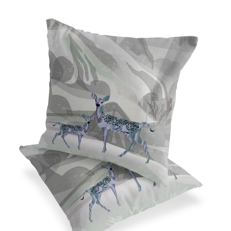 Set of Two 16" X 16" Gray and Ivory Deer Abstract Indoor Outdoor Throw Pillow