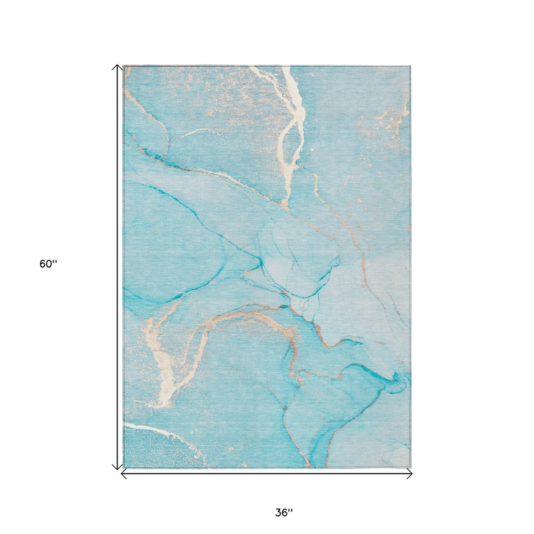 3' X 5' Teal Abstract Washable Non Skid Indoor Outdoor Area Rug - 606114926122