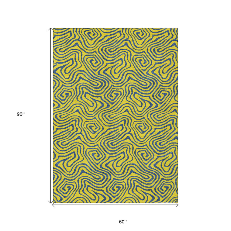 5' X 8' Yellow And Blue Abstract Washable Indoor Outdoor Area Rug