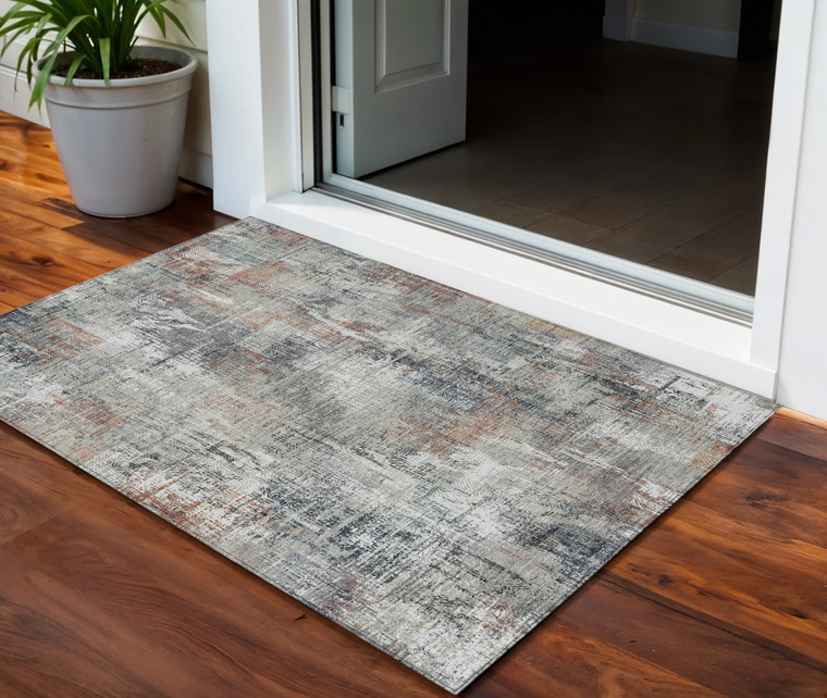 3' X 5' Taupe Gray And Copper Abstract Washable Indoor Outdoor Area Rug