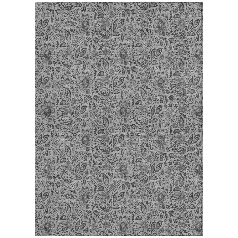 5' X 8' Gray Silver And Charcoal Floral Washable Indoor Outdoor Area Rug - Gray, Silver, Charcoal