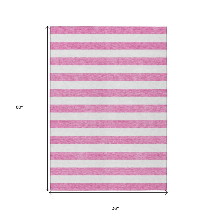 3' X 5' Pink and White Striped Washable Non Skid Indoor Outdoor Area Rug