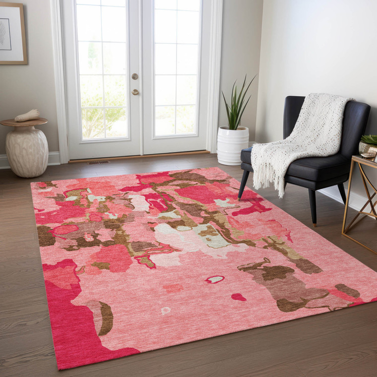 3' X 5' Coral Pink And Brown Abstract Washable Indoor Outdoor Area Rug