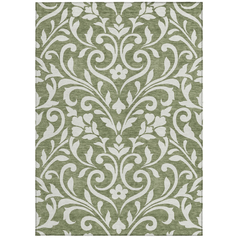 5' X 8' Fern Green And Ivory Floral Washable Indoor Outdoor Area Rug