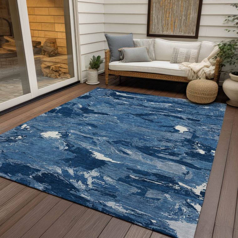 3' X 5' Navy Blue And Blue Abstract Washable Indoor Outdoor Area Rug