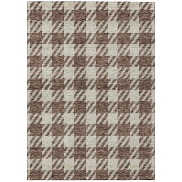 5' X 8' Brown And Beige Plaid Washable Indoor Outdoor Area Rug