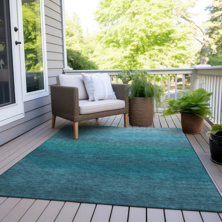 5' X 8' Teal Blue And Sky Blue Ombre Washable Indoor Outdoor Area Rug