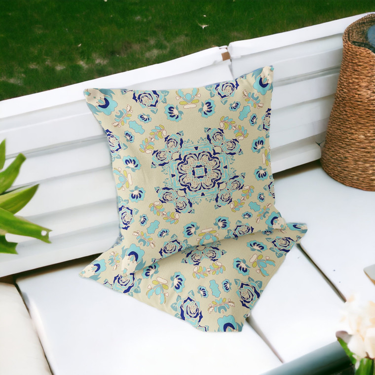 Set of Two 16" X 16" Blue and Off White Blown Seam Floral Indoor Outdoor Throw Pillow - 606114817987