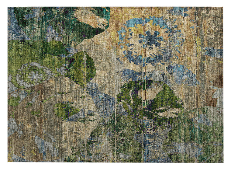 2' X 3' Taupe Blue and Green Floral Washable Non Skid Indoor Outdoor Area Rug
