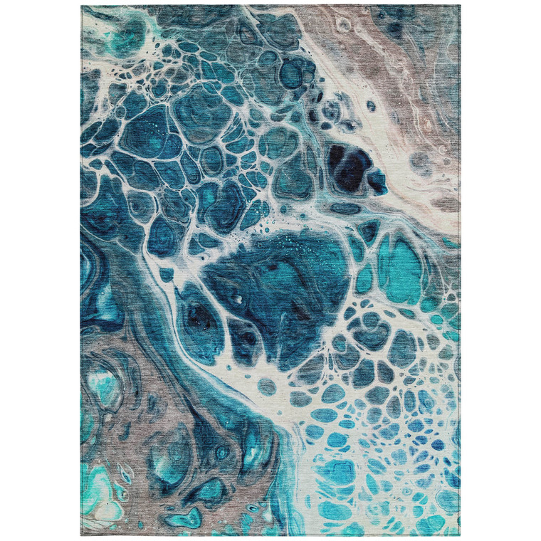 5' X 8' Teal Blue And Navy Blue Nautical Washable Indoor Outdoor Area Rug