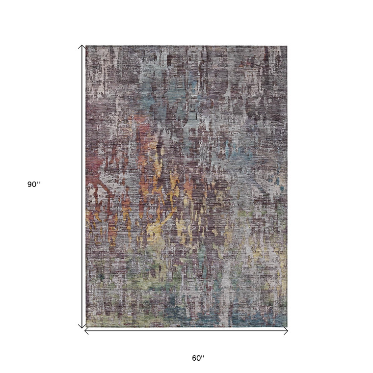 5' X 8' Pewter Abstract Washable Indoor Outdoor Area Rug
