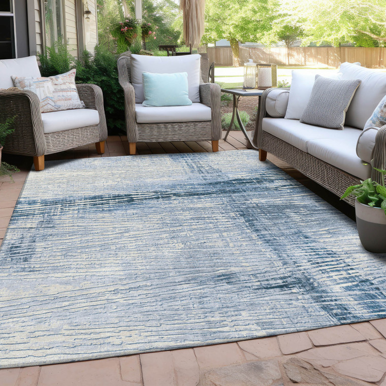 5' X 8' Sky Blue And Ivory Striped Washable Indoor Outdoor Area Rug - 880016487404
