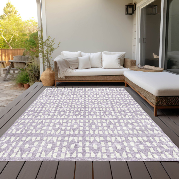 5' X 8' Lavender And Ivory Geometric Washable Indoor Outdoor Area Rug - Lavender, Ivory