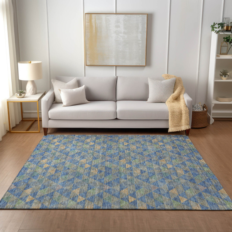 5' X 8' Sky Blue And Gray Geometric Washable Indoor Outdoor Area Rug