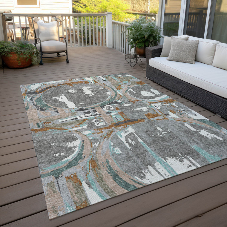 5' X 8' Gray Copper And Mint Green Geometric Washable Indoor Outdoor Area Rug