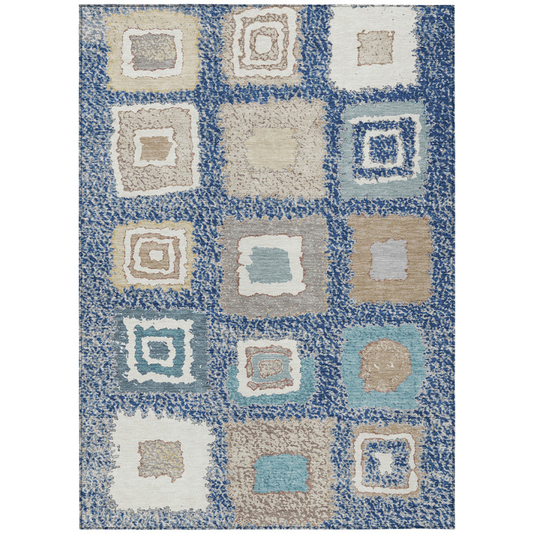 5' X 8' Navy Blue Beige And Ivory Geometric Washable Indoor Outdoor Area Rug - Navy Blue, Beige, Ivory