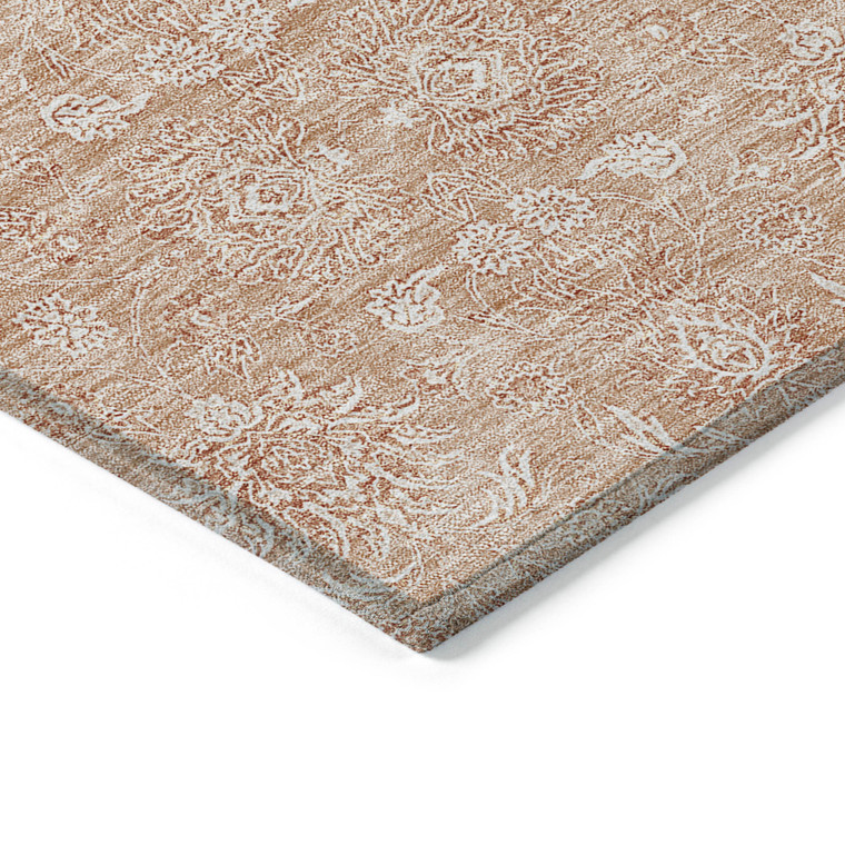 5' X 8' Copper And Beige Floral Washable Indoor Outdoor Area Rug - Copper, Beige
