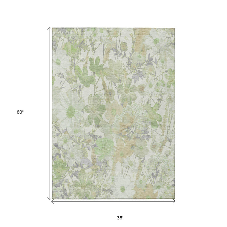 3' X 5' Artichoke Green Lavender And Beige Floral Washable Indoor Outdoor Area Rug