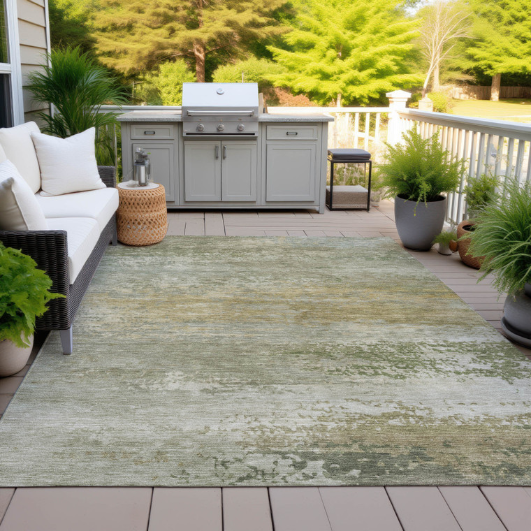 3' X 5' Beige And Fern Green Abstract Washable Indoor Outdoor Area Rug