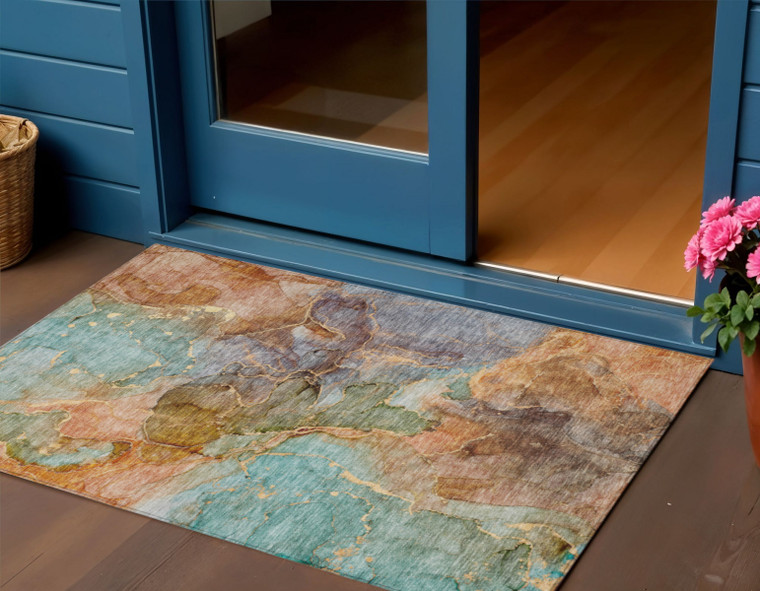 3' X 5' Copper Orange And Teal Blue Abstract Washable Indoor Outdoor Area Rug